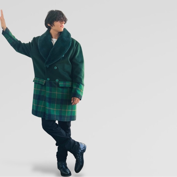 Men's Manzini Solid Green | Plaid Faux Fur Casual Overcoat NWT - Picture 8 of 9